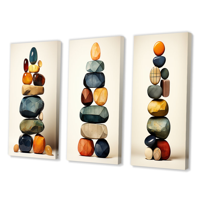 «Finding Balance Rock Balancing Cairn Sculpture I», ensemble de 3 pièces d'art spirituel en pierre, Toile tendue