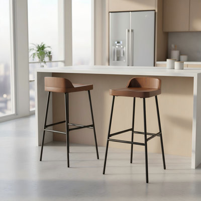 Set of 2 Industrial Bar Stools, 29" Bar Height with Low Back & Curved Seat Surface