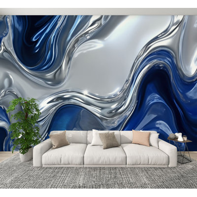 Papier peint adhésif mural fluide bleu métallique argenté abstrait H 100 po x l 144 po, adhésif mural en PVC amovible pour chambre à coucher, bureau à domicile