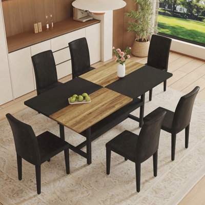 Table and chair set.71*35.4 inch Wooden And Black Spliced Dining Table With Storage Function In The Middle Of The Table Legs.Paired With PU Dining Chairs, Simple And Versatile