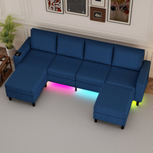 Canapé modulaire en lin 4 places avec module de chargement sans fil intelligent / lumières usb / type-c / rgb