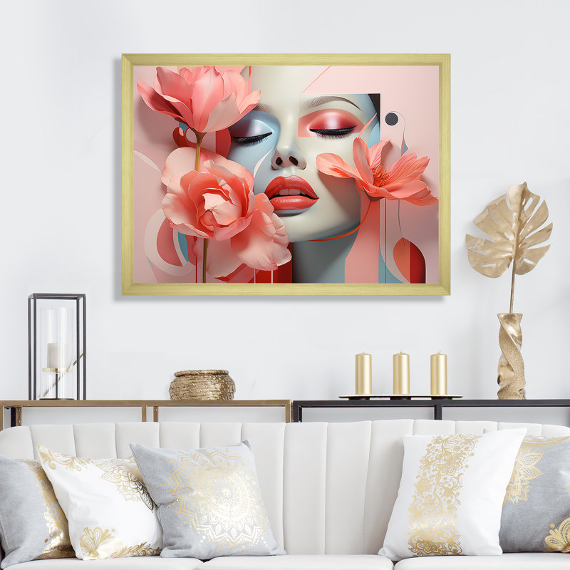 Cubisme rose pastel, femme, portrait II - mode, art mural, Cadre doré à coins fermés, H 30 po x l 40 po x P 1,5 po