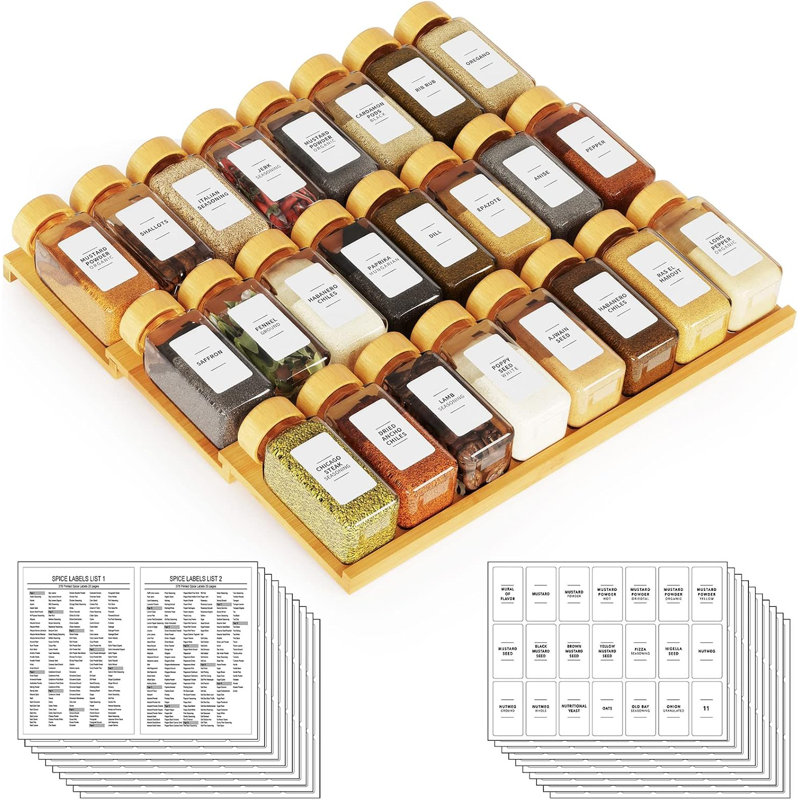 Bamboo Spice Drawer Organizer with 24 Spice Jars, 378 White Minimalist Spice Labels, 3-Tier Seasoning Rack Tray Insert for Kitchen Drawers, 15" Wide x 15" Deep x 2.6" Tall