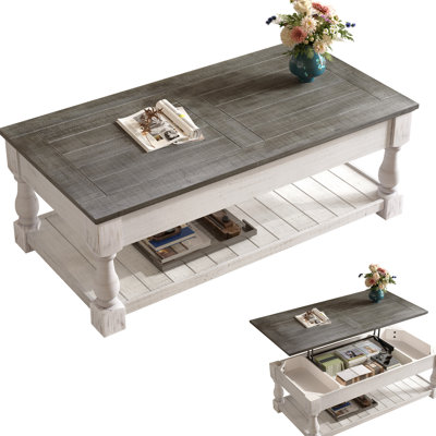 Table basse relevable, 3 plateaux de rangement dissimulés, construction en bois massif, gris antique et blanc vieilli, deux niveaux pour un salon spacieux et lumineux