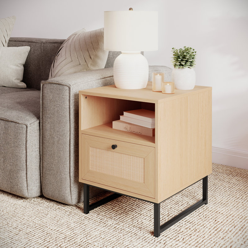 Mid-Century Modern Nightstands or End Tables with Rattan Accented Drawers, Natural Wood