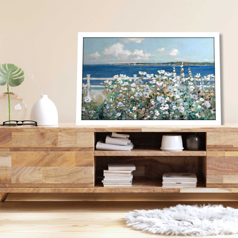 Bayside Garden par Sally Swatland - Peinture, L 39,5 po x H 27,5 po, Cadre blanc