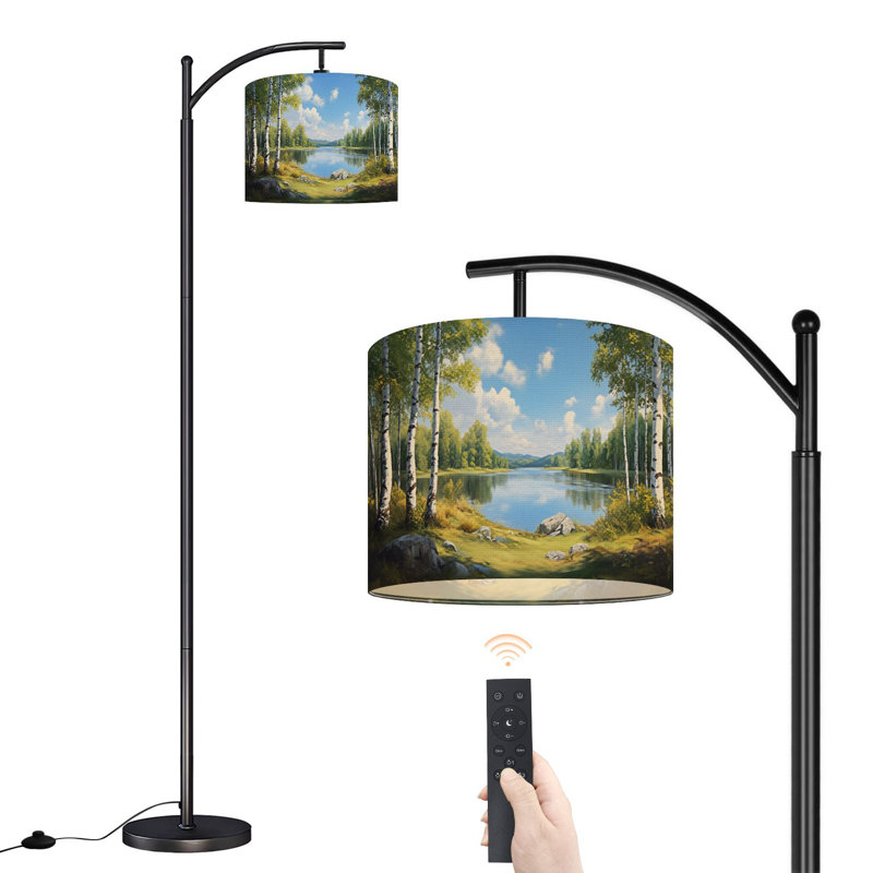 Lampe sur pied à arc avec abat-jour réglable Green Forest Trees Blue Lake Landscape Mountain Birch Trees Lampe sur pied 3 températures de couleur à intensité variable avec poteau pour interrupteur à pied