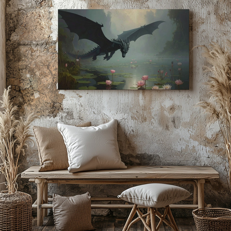 «Lotus Mist Dragon Canvasserene Black Dragon Over Water Lily Pond», art mural, H 16 po x l 20 po