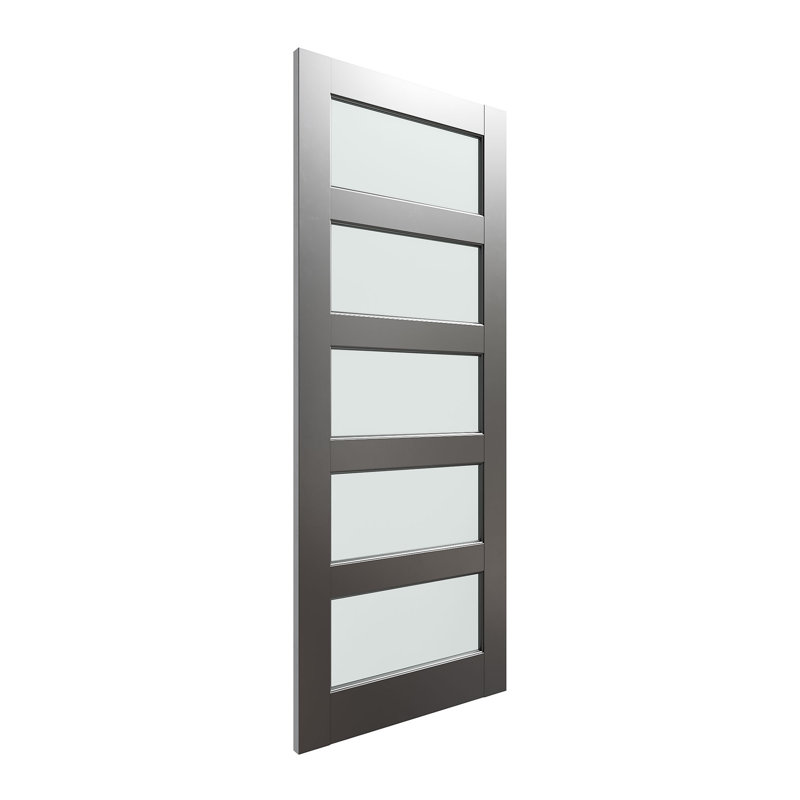 Panneau de porte de grange en bois manufacturé à finition française avec verre franc givré noir 5 Lite sans quincaillerie 32 po x 80 po