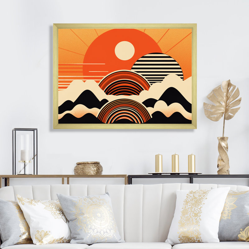 Soleil orange assis sur un sommet de montagne V sur toile, Cadre doré à une seule photo, H 30 po x l 40 po x P 1,5 po