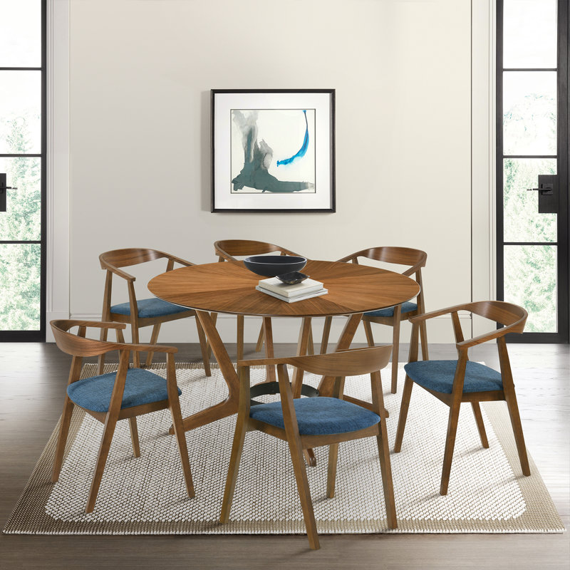Ensemble de table de salle à manger 7 pièces Jeyhan, Noyer, Bleu