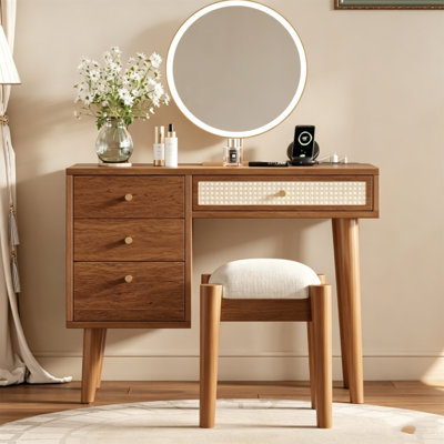 39 Inch Retro Bohemian Wooden Makeup Vanity Set with Stool Built-in Charging Outlet and USB Port, Dressing Table with 3 Storage Drawers & 1 Rectangular Rattan Drawer