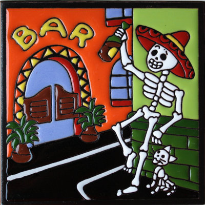 TalaMex 6"x6" Happy Hour. Day-Of-The-Dead Dia de los Muertos Mexican Tile