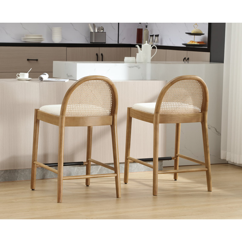 White and Natural Wood Counter Height Bar Stools with Rattan Backrests