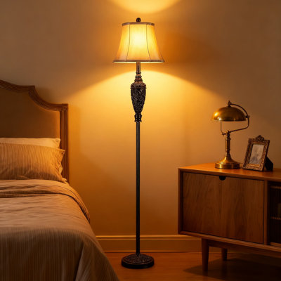 65-Inch Vintage Floor Lamp With Carved Resin Base, Traditional Standing Lamp For Living Room, Farmhouse Tall Pole Lamp With Foot Switch, Bronze Finish Black Shade