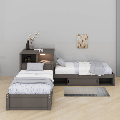 Lit simple d'angle en forme de L avec lit gigogne et rangement, lit plateforme 3 en 1 avec armoires et bureau, lumière DEL intégrée