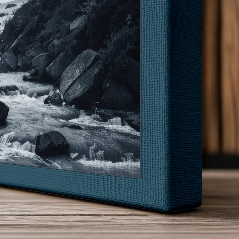 Alpine Waterfall Scandinavian - Wrapped Canvas, 24x16 - 61.0 x 40.6 cm, Teal Border
