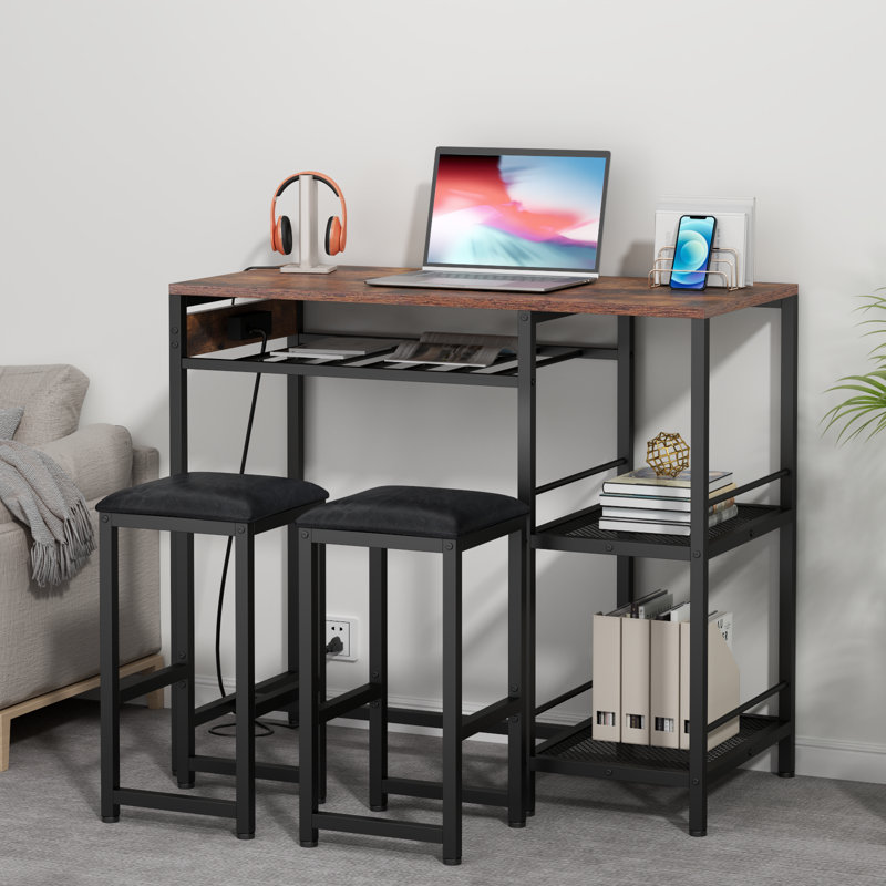 Bar Table and Chairs Set with Power Outlet, Pub Table and Chairs Set for 2 with 2 Storage Shelves, Brown