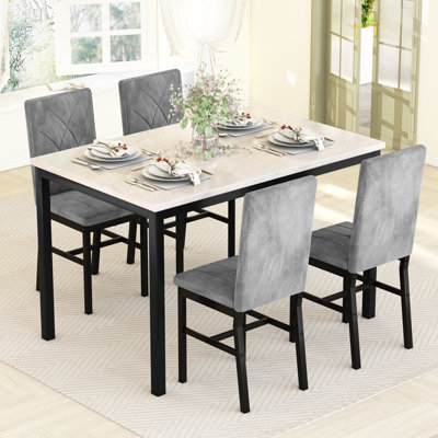 Dining Table Set For 4, Faux Marble Kitchen Table With 4 Velvet Chairs, Modern Kitchen & Dining Room Sets For Dining Room, Apartment, Restaurant, Bei by Ebern Designs