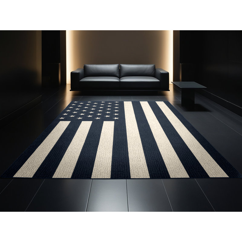 Tapis gris moderne et contemporain lavable à la machine Collingswood du 4 juillet - reliure marine, 5 x 8