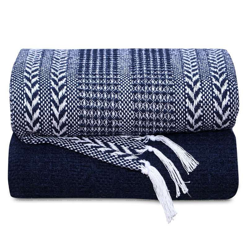 Navy and White Chevron Cotton Throw Blanket Set