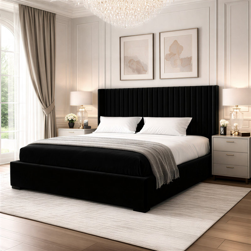 Premium Plush Bed Frame – Elegant Padded Bed with 48” Statement Headboard, Solid Wooden Bed – Contemporary Designer Finish