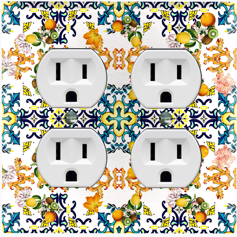 Blue Yellow Damask Tile Fruit White 2 - Gang Duplex Outlet Standard Wall Plate
