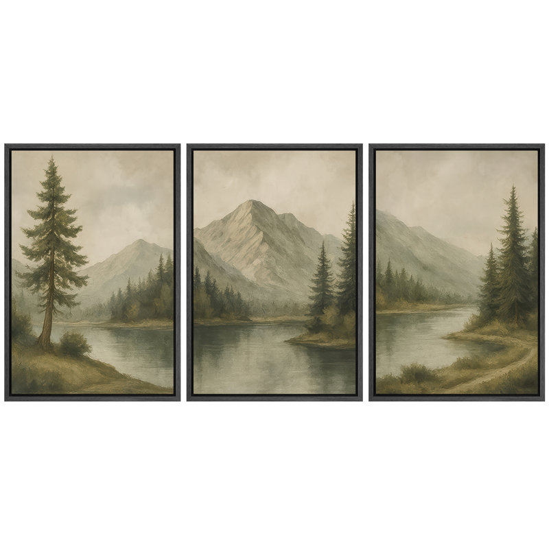 «Tranquil Mountain Lake Evergreen Landscape», reproduction d'art sur toile encadrée, 3 pièces, H 36 po x l 24 po x P 1,5 po