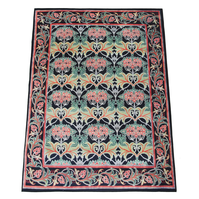 Square Black William Morris Machine Washable Area Rug with Built-in Padding Non-Slip Backing, Rectangle 6' x 9'
