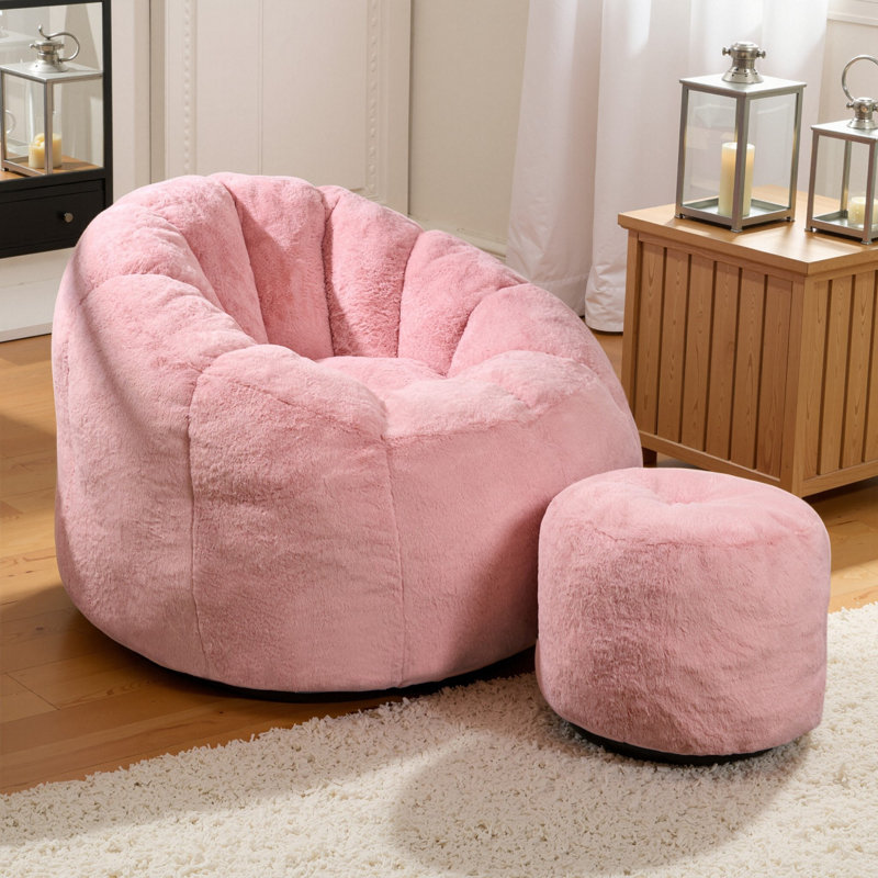 Compression Comfy Pumpkin Bean Bag Couch Sofa Chair,Modern Faux Fur Bean Bag Chair With Ottoman, Pink Velvet