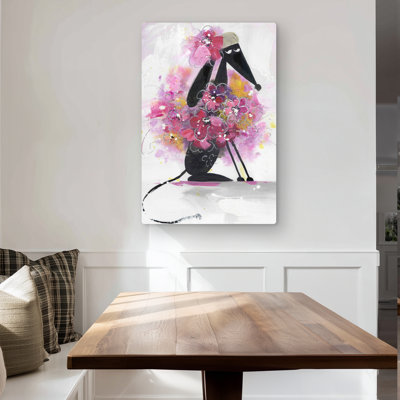 Cartoon Dog with Pink Flowers - Purple Metal Print Decor