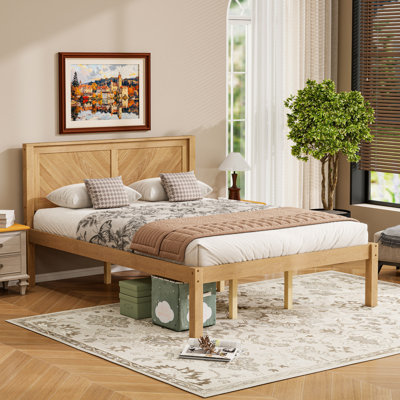 Queen Size Solid Wood Platform Bed Frame with Herringbone Wood Headboard, Farmhouse Chevron Panel Bed, Under Bed Storage Clearance