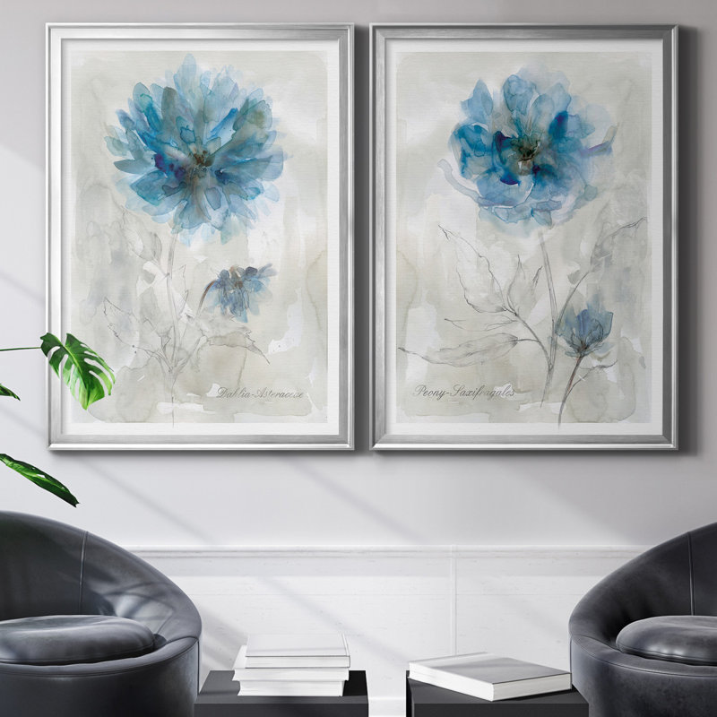 Blue Dahlia - ensemble de 2 reproductions d'art, H 26,5 po x l 73 po x P 3 po, Toile avec cadre argenté, Pas de tapis