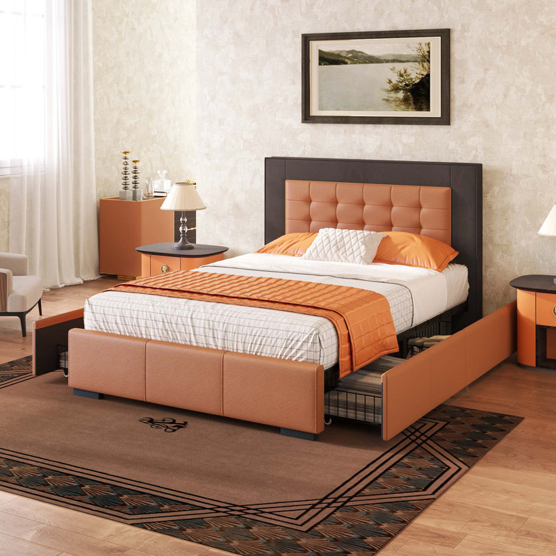 Structure de lit plateforme tapissier Bayboro avec 4 tiroirs et tête de lit capitonnée, Orange