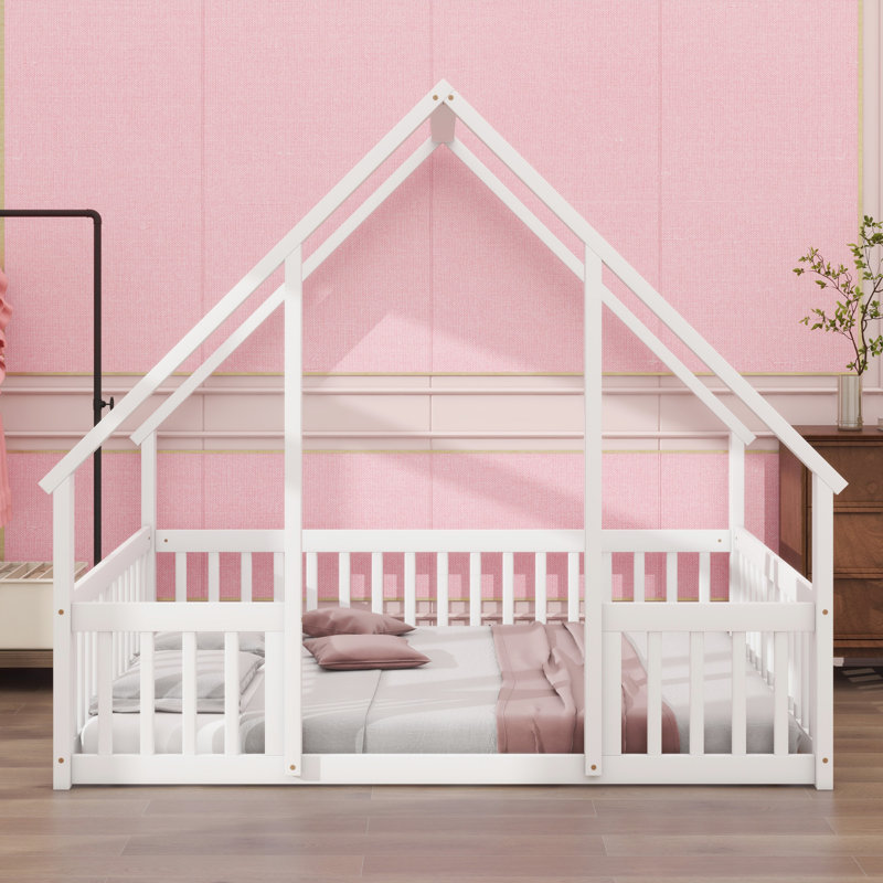 Lit en bois en forme de maison en bois avec clôture, Blanc