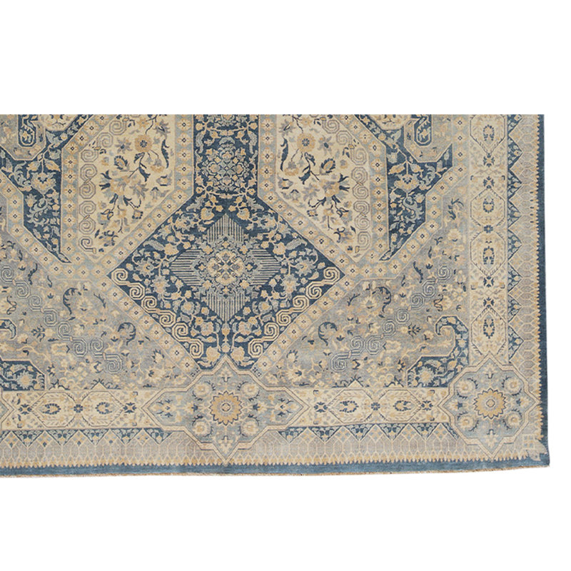 Tapis unique noué à la main bleu / beige de haute qualité