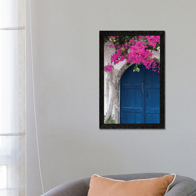Greece, Santorini Weathered Blue Door Is Framed by Bright Pink Bougainvillea Blossoms 1 Piece Floater Frame Wall Art on Canvas