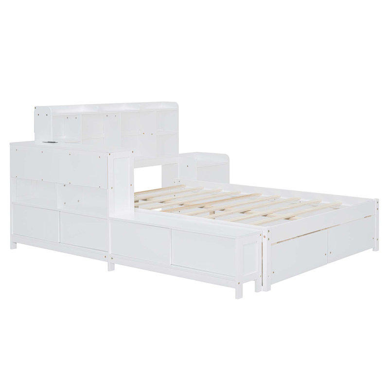 Lit plateforme double en bois avec espace de rangement multifonctionnel, table de chevet, 2 tiroirs, ports USB et bureau