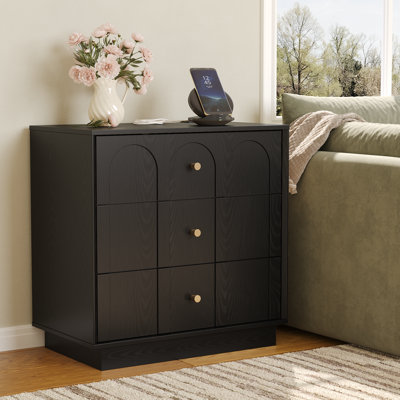3 - Drawer Nightstand with Charging Station, Mid Century Modern End Table Arched Design, Bedside Table