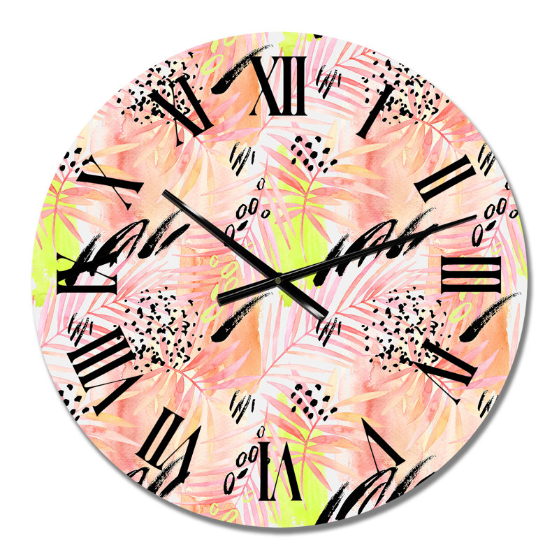 Feuille de palmier rose avec éléments graphiques rétro - horloge murale, Petit