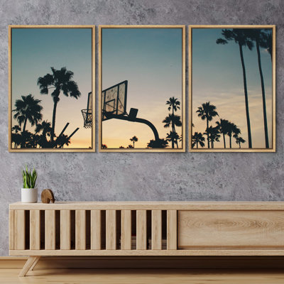 Tropical Palm Basketball Stands and Palm Trees Under the Sunset - 3 Piece Photograph Print Set