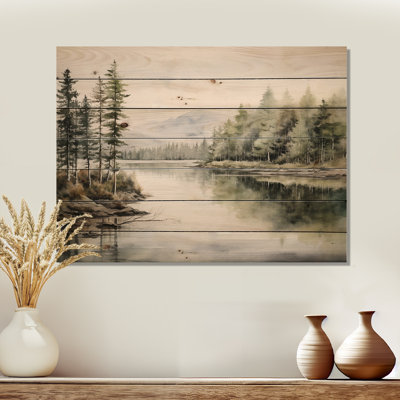 Scandinavian Lake Tranquility - Lake River, art mural sur bois de pin naturel