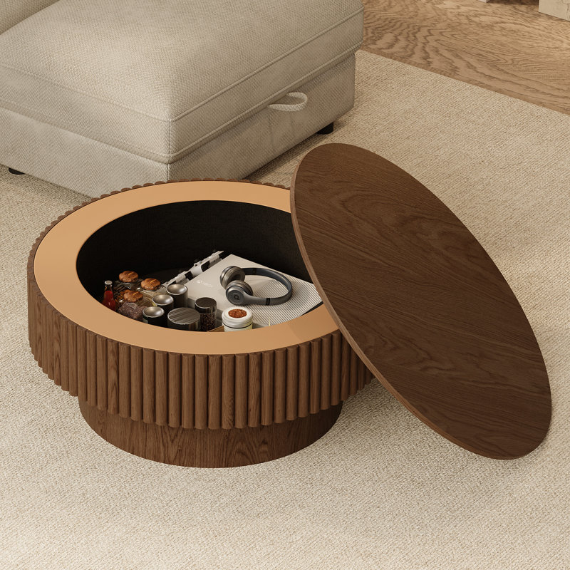 Table basse ronde avec rangement, Noyer, H 14 po x l 35 po x P 35 po
