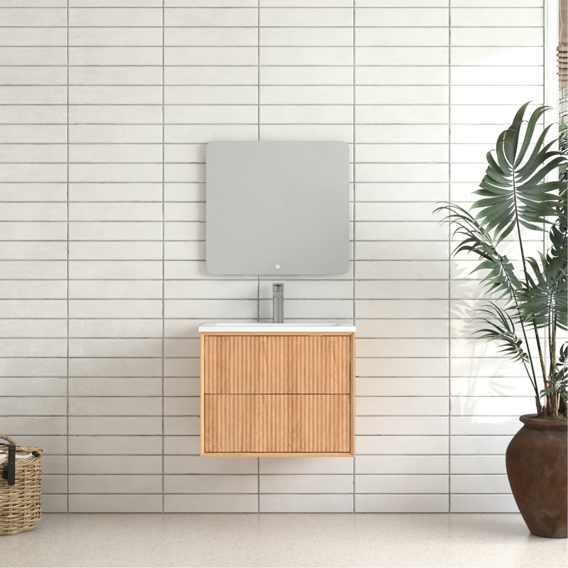 Meuble-lavabo flottant 24 po en bois massif, mural, avec tiroirs de rangement, lavabo intégré en résine teintée blanche, conception américaine, meuble-lavabo haut,