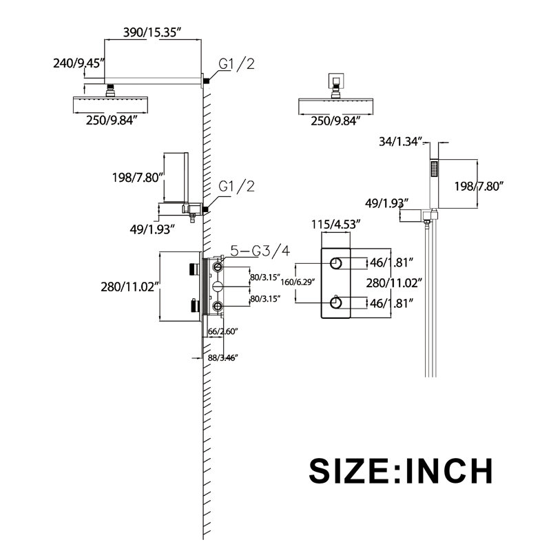 Thermostatic Complete Shower System with Rough in-Valve, Brushed Gold
