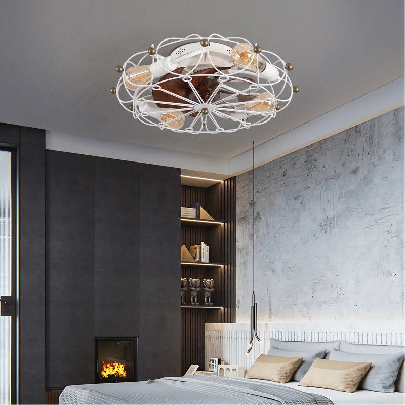 Ventilateur de plafond à cage à profil bas industriel et moderne avec télécommande, ventilateur de plafond intégré, Blanc