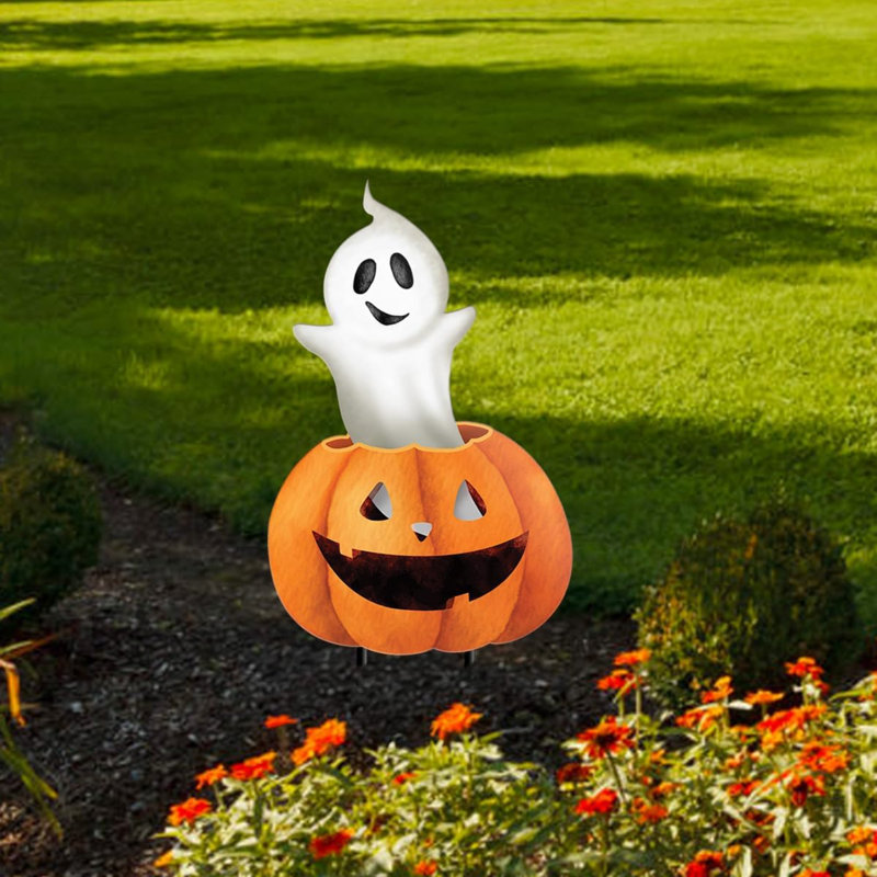 Pumpkin And Ghost Metal Yard Art Halloween Outdoor Garden Lawn Patio Decoration Stakes