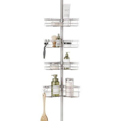 Adjustable Tension Pole Shower Caddy With 4 L-Shaped Baskets And Hooks - Rust-Resistant Bathroom Organizer For Coner Shower Space - Quick-Drying Wire Shelves - Tool-Free Installation