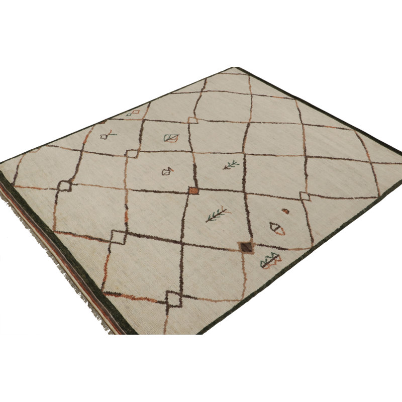 Moroccan Hand Knotted Geometric Area Rug in Brown, Green, Orange, Beige, Rectangle 6' x 9'