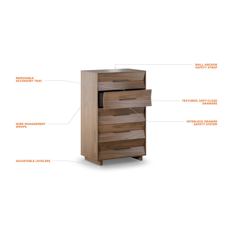 KAVA 5 - Drawer Solid Wood Dresser, Natural Walnut